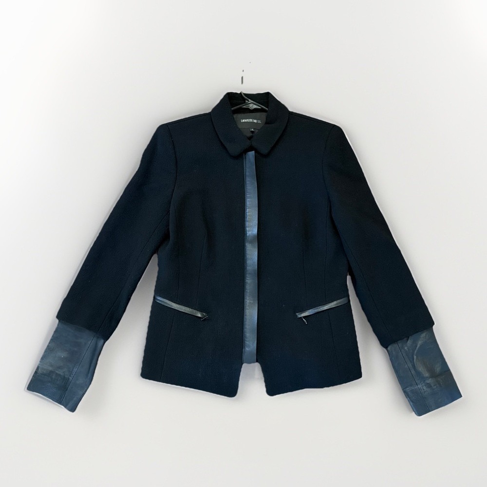 $635 Lafayette 148 Blazer Sz 8 Black Crepe 100% Virgin Wool Leather Trim Jacket